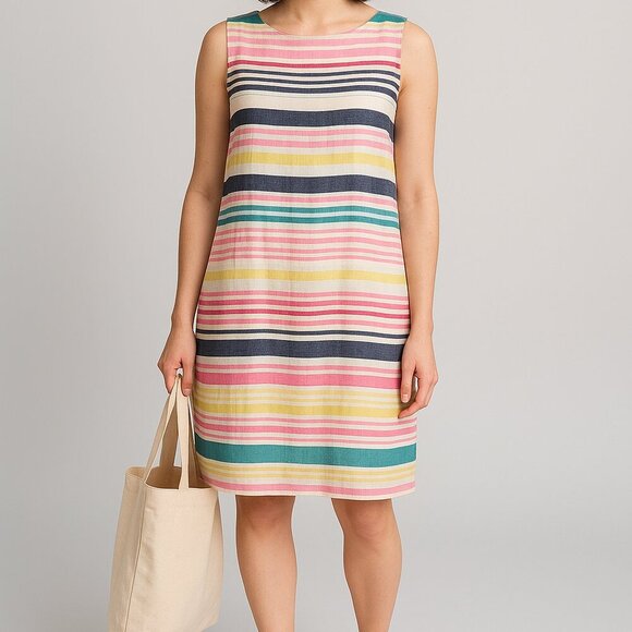 Jaeger Dress Womens US 12 EUR 42 UK 14 Linen Striped Sleeveless Pockets - Picture 1 of 14